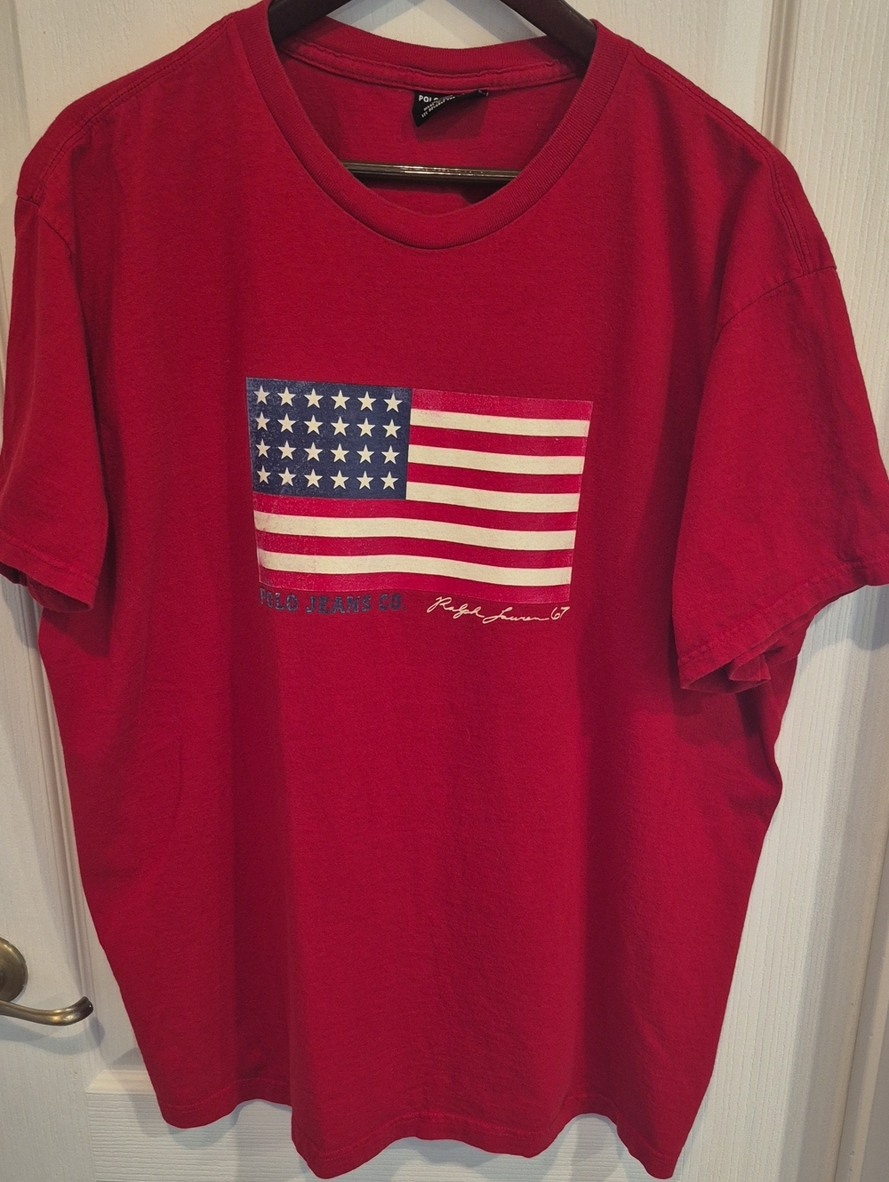 Ralph Lauren Polo Cotton Red Tee with American Flag Graphic In XXL